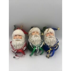 Vintage Santa Christmas Ornaments Lot Of 3 Red, Green, Blue Porcelain Face
